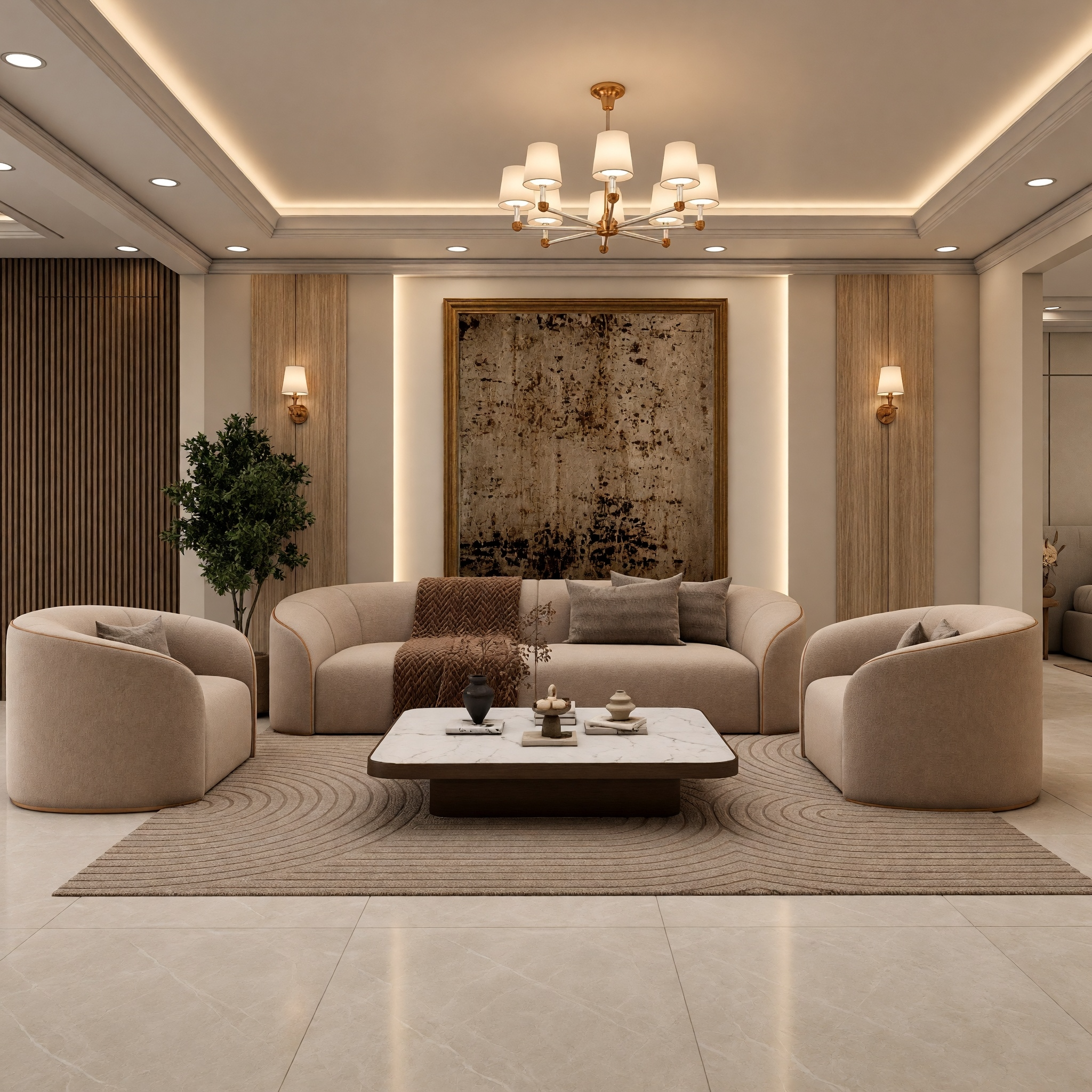 Residential Interiors, Gurgaon — Luxurious Living Room 3D Render