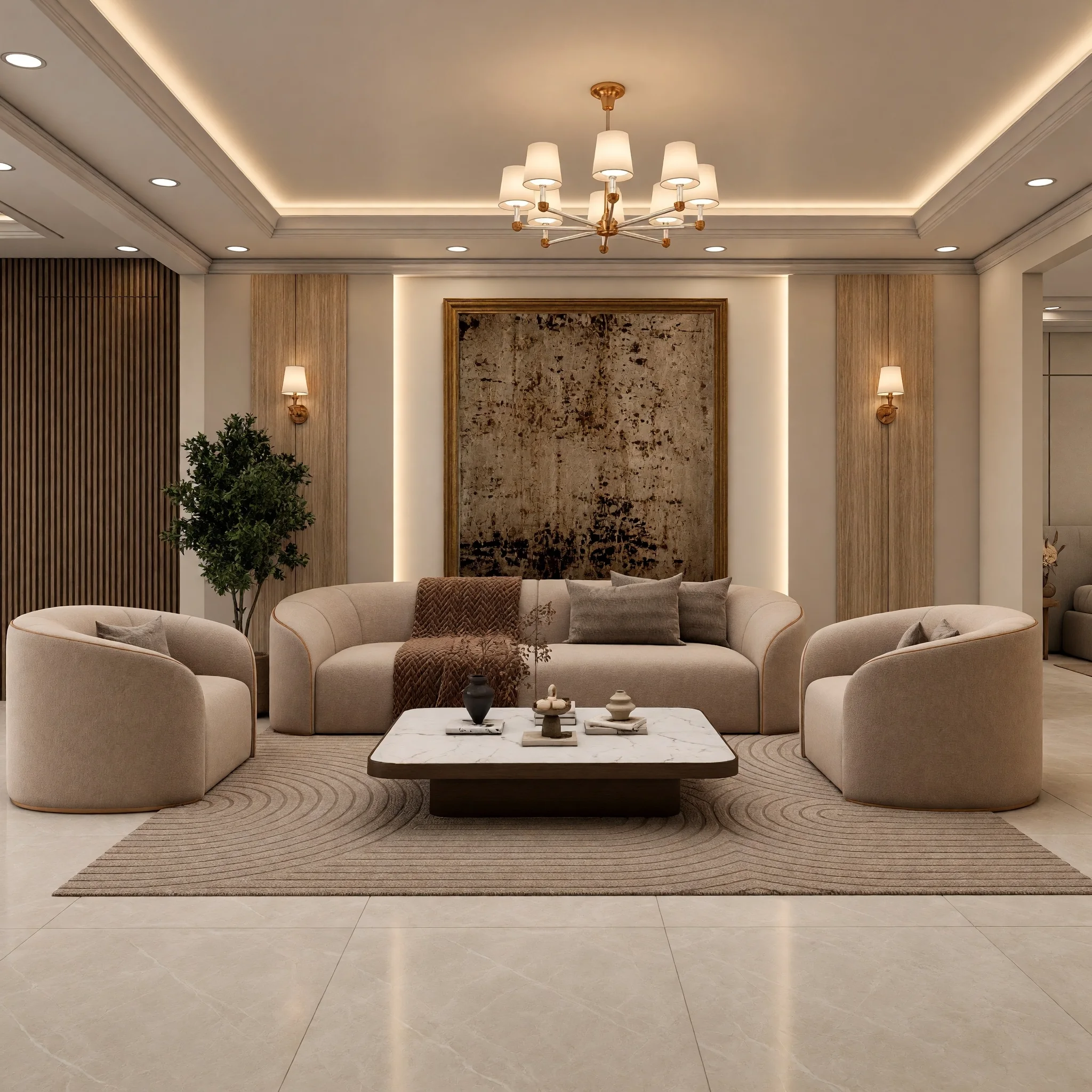 Residential Interiors, Gurgaon — Luxurious Living Room 3D Render